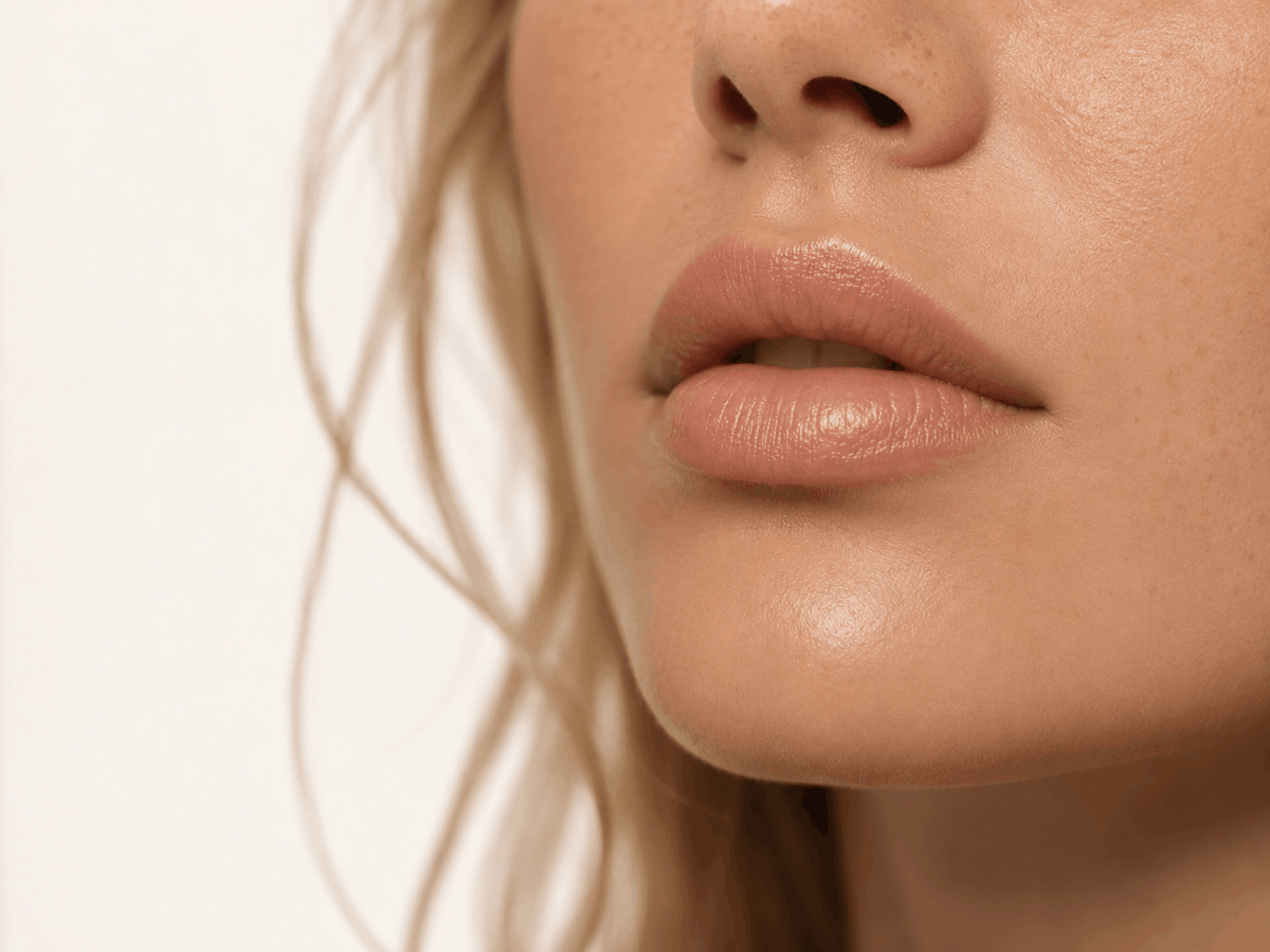Editorial close-up of natural, balanced lips establishing the luxury aesthetic